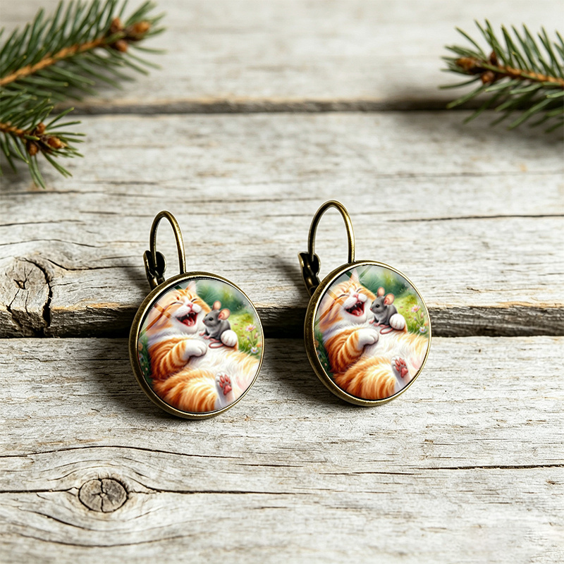 3pc Laughing Cat & Mouse Round Glass Necklace & Earrings Set